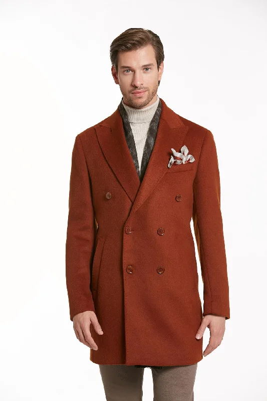 Exquisite Details Slim Fit Cachet Double Breasted Brick Wool Blend Overcoat