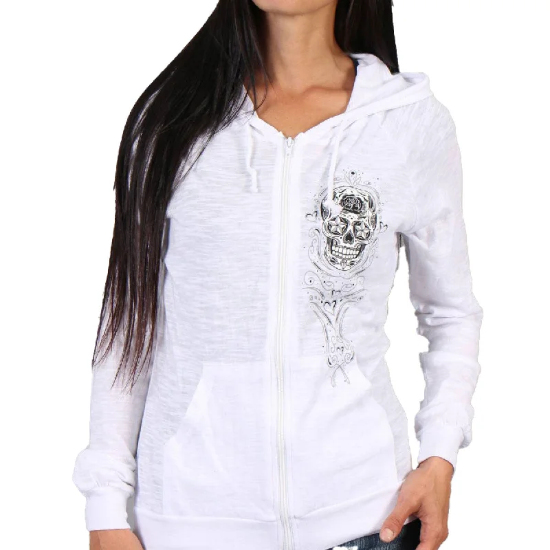 Stylish Comfort Hot Leathers GLZ4237 Ladies 'Sugar Skull' Lightweight Slubby Hooded White Hoodie