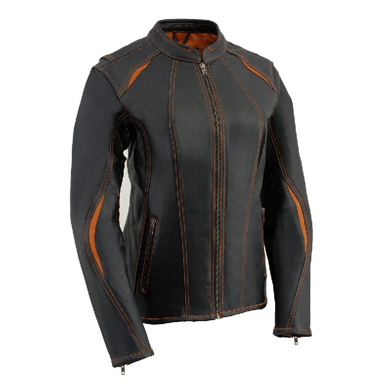 Fashion Selection Milwaukee Leather MLL2502 Women's 'Laser Cut' Distressed Black and Orange Scuba Style Racer Jacket Fashion Selection Milwaukee Leather MLL2502 Women's 'Laser Cut' Distressed Black and Orange Scuba Style Racer Jacket