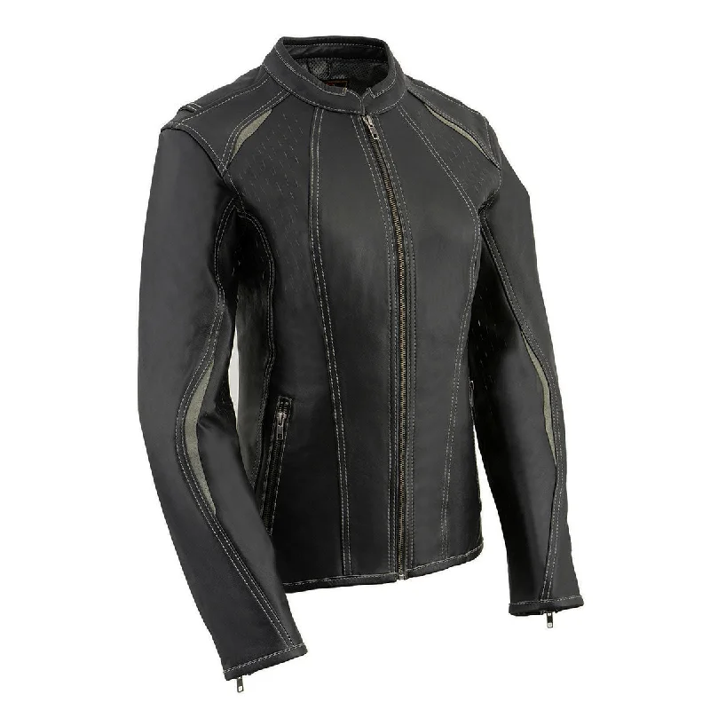 Exquisite Craftsmanship Milwaukee Leather MLL2502 Women's 'Laser Cut' Distressed Black and Grey Scuba Style Racer Jacket Exquisite Craftsmanship Milwaukee Leather MLL2502 Women's 'Laser Cut' Distressed Black and Grey Scuba Style Racer Jacket