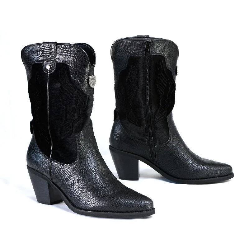 Slightly Flared Design Milwaukee Leather Women's Black Western Style Fashion Boots with Black Snake Print MBL9441 Slightly Flared Design Milwaukee Leather Women's Black Western Style Fashion Boots with Black Snake Print MBL9441