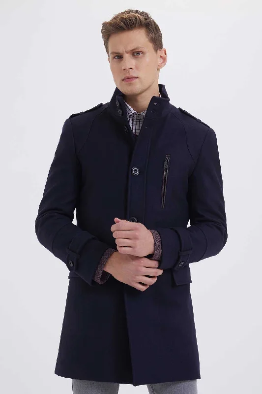 Comfortable Tops Slim Fit Stand Collar Wool Black Overcoat, Light Navy