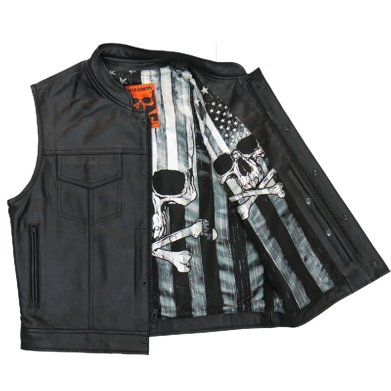 Soft And Comfortable Hot Leathers VSM1054 Men’s Black 'Skull Flag' Conceal and Carry Leather Vest Soft And Comfortable Hot Leathers VSM1054 Men’s Black 'Skull Flag' Conceal and Carry Leather Vest