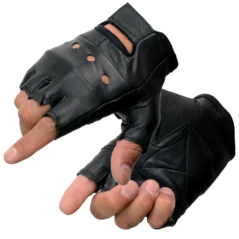 Playful Style Milwaukee Leather SH216 Men's Black Leather Gel Padded Palm Fingerless Motorcycle Hand Gloves W/ Breathable ‘Open Knuckle’