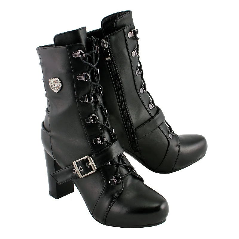 Refreshing Design Milwaukee Leather MBL9431 Women's Black Lace-Up Fashion Boots with Block Heel and Buckle Strap Refreshing Design Milwaukee Leather MBL9431 Women's Black Lace-Up Fashion Boots with Block Heel and Buckle Strap