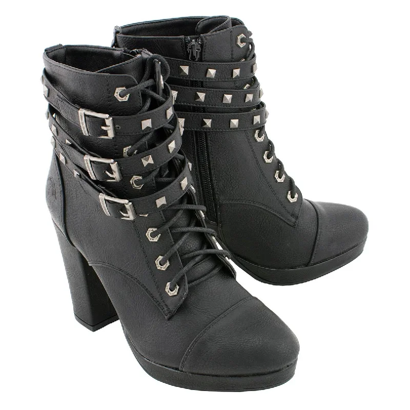 Personalized Design Milwaukee Leather MBL9417 Women's Black Lace-Up Fashion Boots with Triple Strap Studded Accents Personalized Design Milwaukee Leather MBL9417 Women's Black Lace-Up Fashion Boots with Triple Strap Studded Accents
