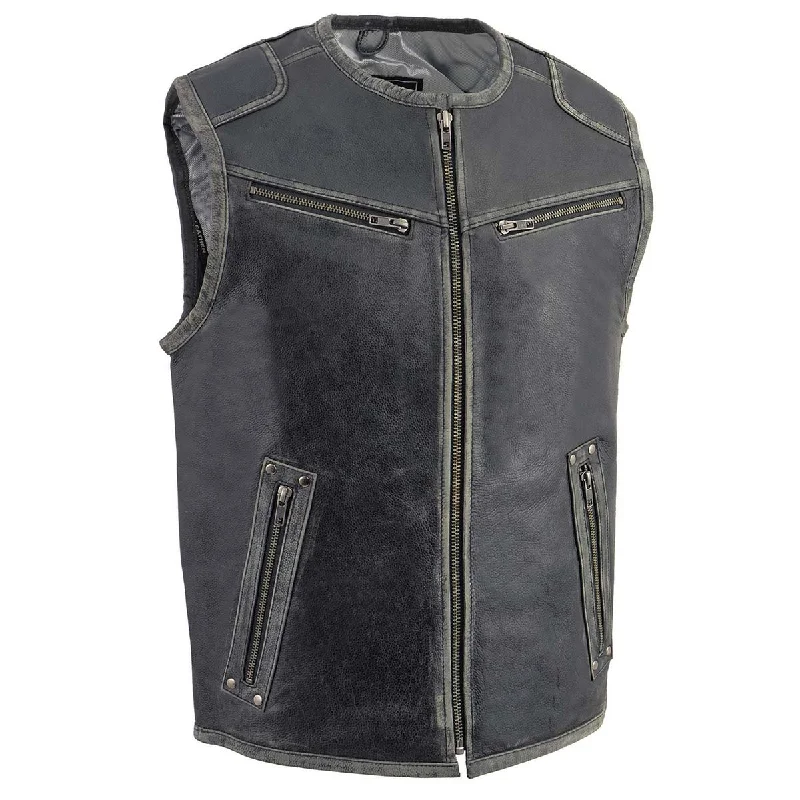 Practical Style Milwaukee Leather MLM3536 Men's Vintage Leather Vest- Distressed Grey Front Zipper Collarless Motorcycle Rider Vest Practical Style Milwaukee Leather MLM3536 Men's Vintage Leather Vest- Distressed Grey Front Zipper Collarless Motorcycle Rider Vest