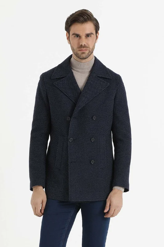 Noble And Elegant Slim Fit Double Breasted Wool Navy Overcoat, Navy D.