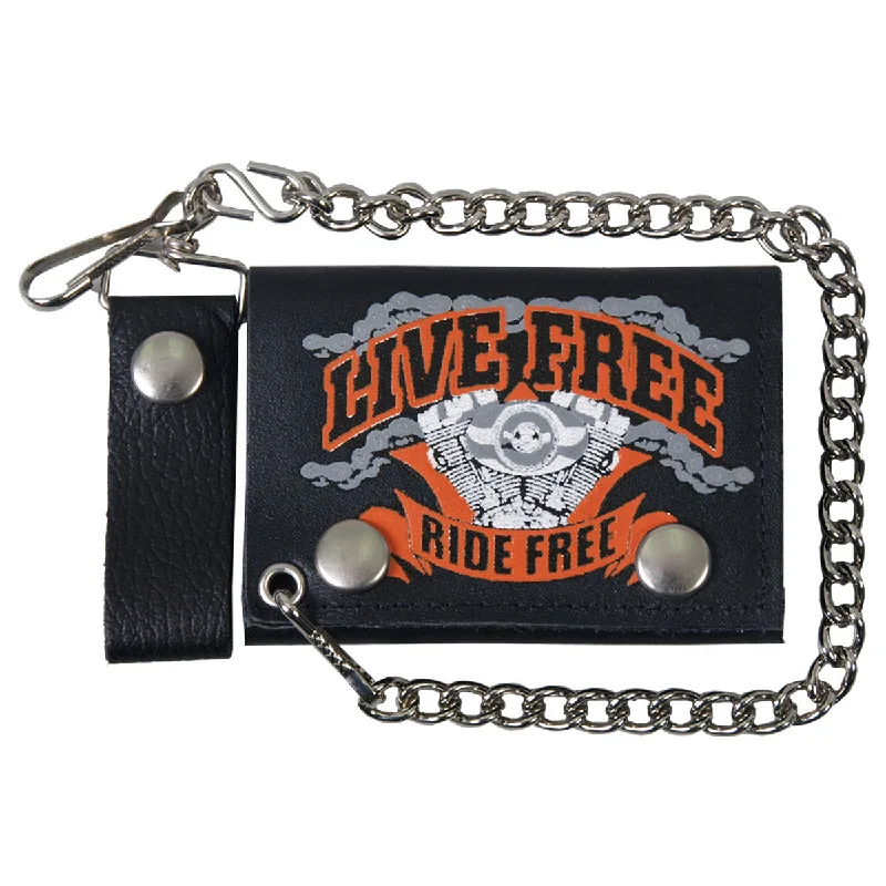 Feminine Charm Hot Leathers WLB1009 Live Free, Ride Hard Black Leather Bi-Fold Wallet with Chain