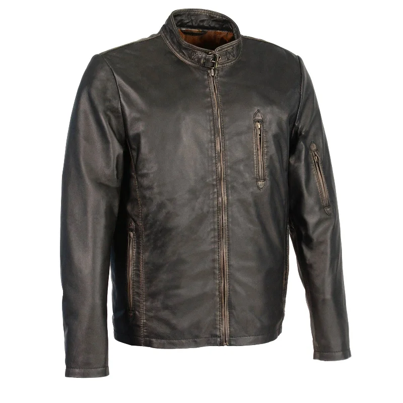 Classic Series Milwaukee Leather SFM1855 Men's Black Brown Leather Moto Racer Jacket with Throat Latch Classic Series Milwaukee Leather SFM1855 Men's Black Brown Leather Moto Racer Jacket with Throat Latch