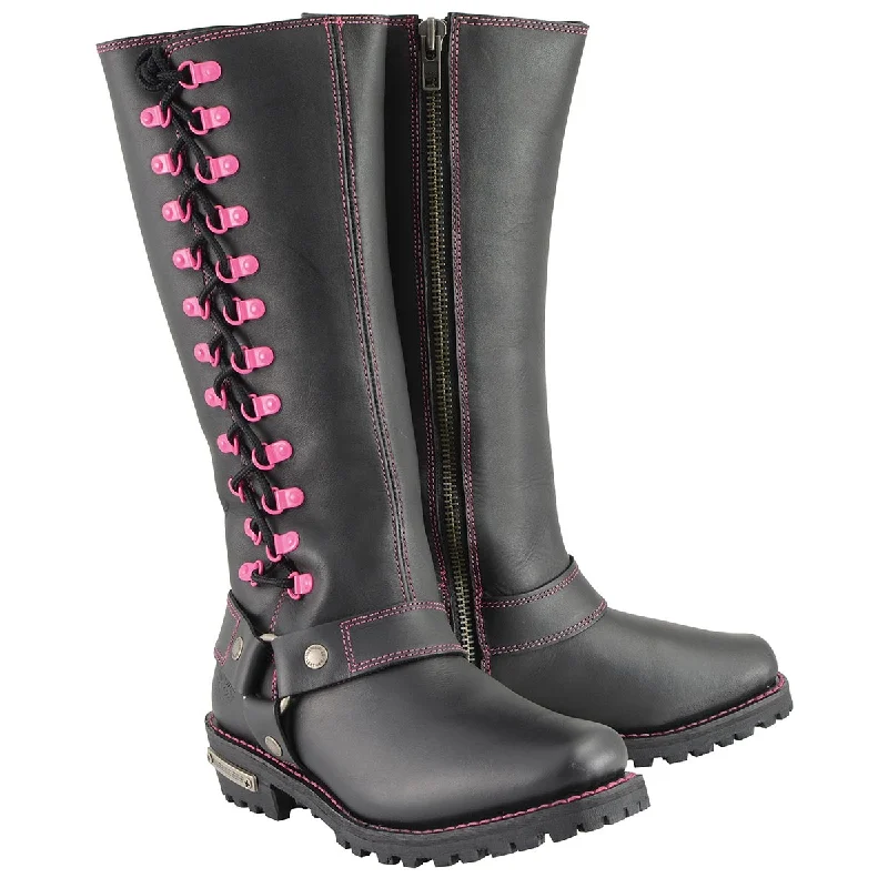 Stylish Ease Milwaukee Leather Women's Black 14-inch Leather Harness Motorcycle Boots with Fuchsia Accent Lacing MBL9367 Stylish Ease Milwaukee Leather Women's Black 14-inch Leather Harness Motorcycle Boots with Fuchsia Accent Lacing MBL9367