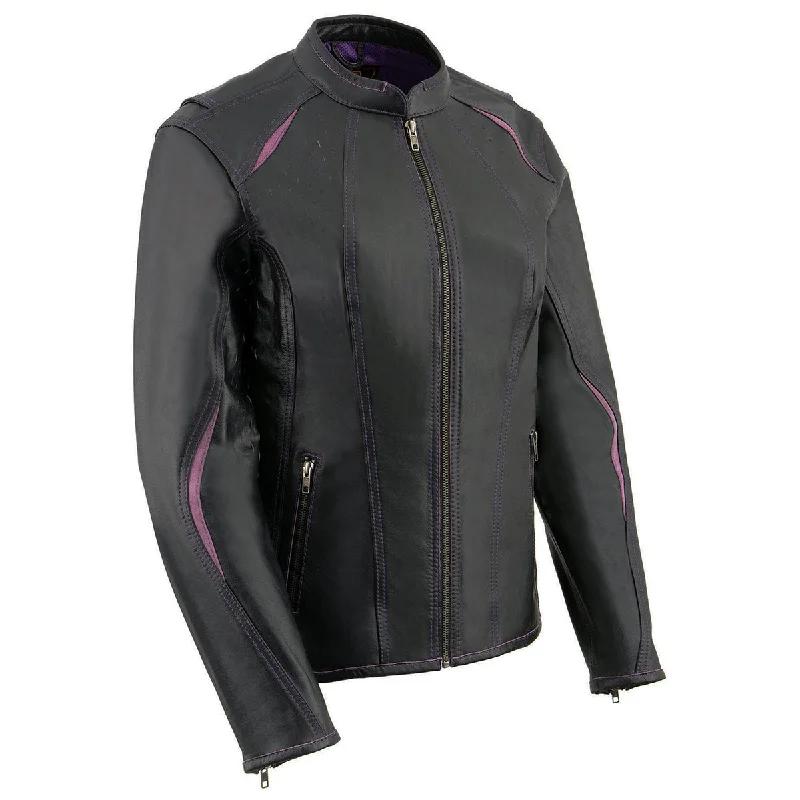 Soft Fabric Looks Milwaukee Leather MLL2502 Women's 'Laser Cut' Distressed Black and Purple Scuba Style Racer Jacket Soft Fabric Looks Milwaukee Leather MLL2502 Women's 'Laser Cut' Distressed Black and Purple Scuba Style Racer Jacket