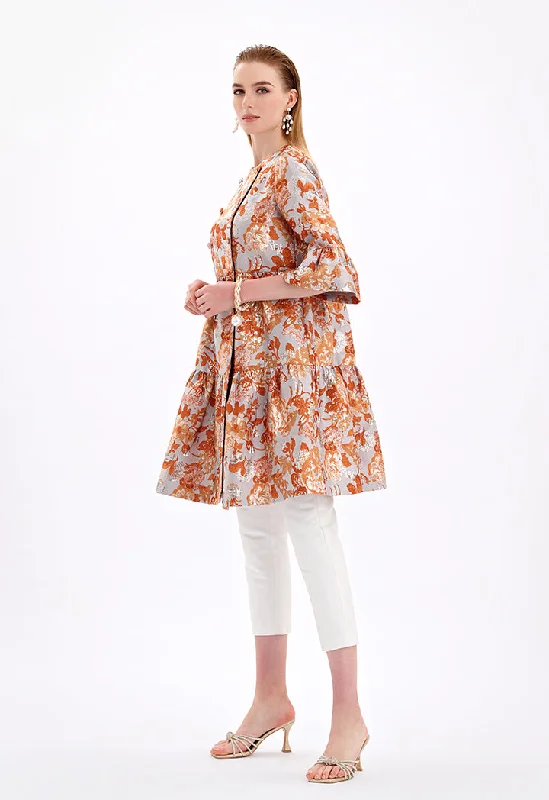 Comfortable And Cold-proof Textured Floral Print Jacquard Midi Jacket