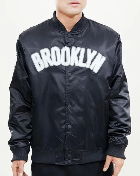 Sporty Elegance NBA BROOKLYN NETS WORDMARK MEN'S SATIN JACKET (BLACK)
