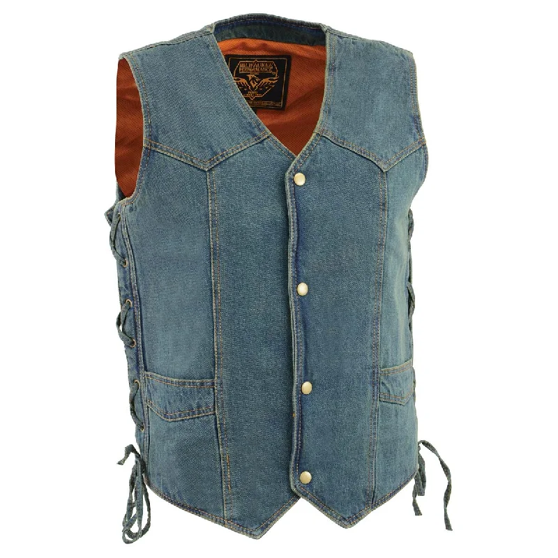 Soft Relaxation Wear Milwaukee Leather DM1315 Men's Black Classic Denim Western Style Cowboy Biker Vest with Adjustable Side Laces Soft Relaxation Wear Milwaukee Leather DM1315 Men's Black Classic Denim Western Style Cowboy Biker Vest with Adjustable Side Laces