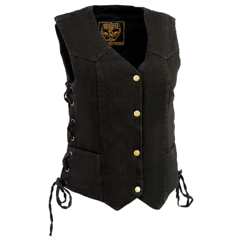 Cozy Chic Milwaukee Leather MDL4001 Women's Black Denim Motorcycle Vest with Side Lace and 4 Snap Front Cozy Chic Milwaukee Leather MDL4001 Women's Black Denim Motorcycle Vest with Side Lace and 4 Snap Front