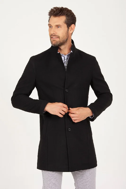 New Season Series Slim Fit Cachet Notch Lapel Black Overcoat, Black