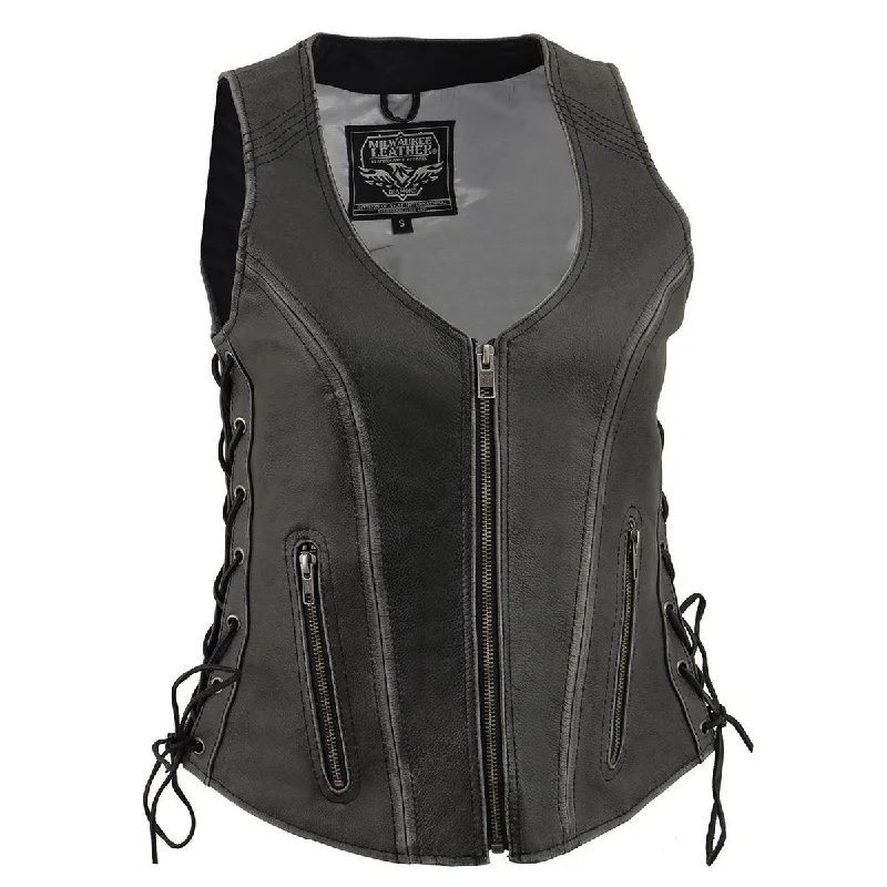 Lazy Home Milwaukee Leather Women's V-Neck Distress Grey Premium Leather Motorcycle Rider Vest w/ Side Laces MLL4531 Lazy Home Milwaukee Leather Women's V-Neck Distress Grey Premium Leather Motorcycle Rider Vest w/ Side Laces MLL4531
