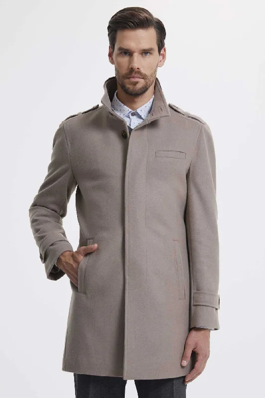 British Fashion Slim Fit Stand Collar Wool Cappuccino Overcoat, Cappucino