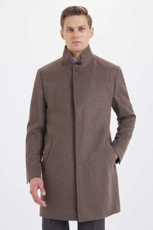 Warm Atmosphere Slim Fit Stand Collar Wool Brown Overcoat, Brown