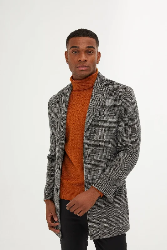 Breezy Style Slim Fit Cachet Glen Plaid Gray Wool Blend Overcoat