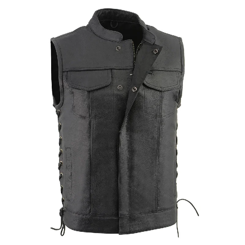 Cozy Outerwear Milwaukee Leather LKM3712 Men's Black Leather Club Style Motorcycle Rider Vest w/ Front Snap/Zipper and Side Lace Cozy Outerwear Milwaukee Leather LKM3712 Men's Black Leather Club Style Motorcycle Rider Vest w/ Front Snap/Zipper and Side Lace
