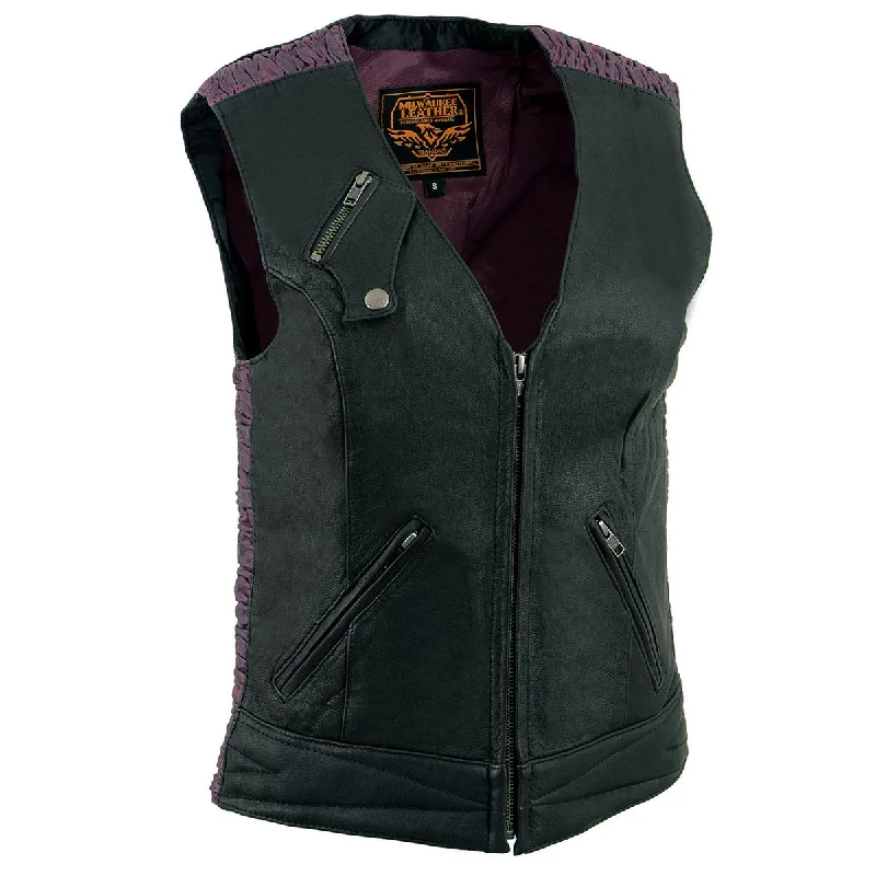 Short Design Milwaukee Leather MLL4571 Women's Black and Pink Lightweight Motorcycle Leather Vest w/ Crinkled Leather Design Short Design Milwaukee Leather MLL4571 Women's Black and Pink Lightweight Motorcycle Leather Vest w/ Crinkled Leather Design