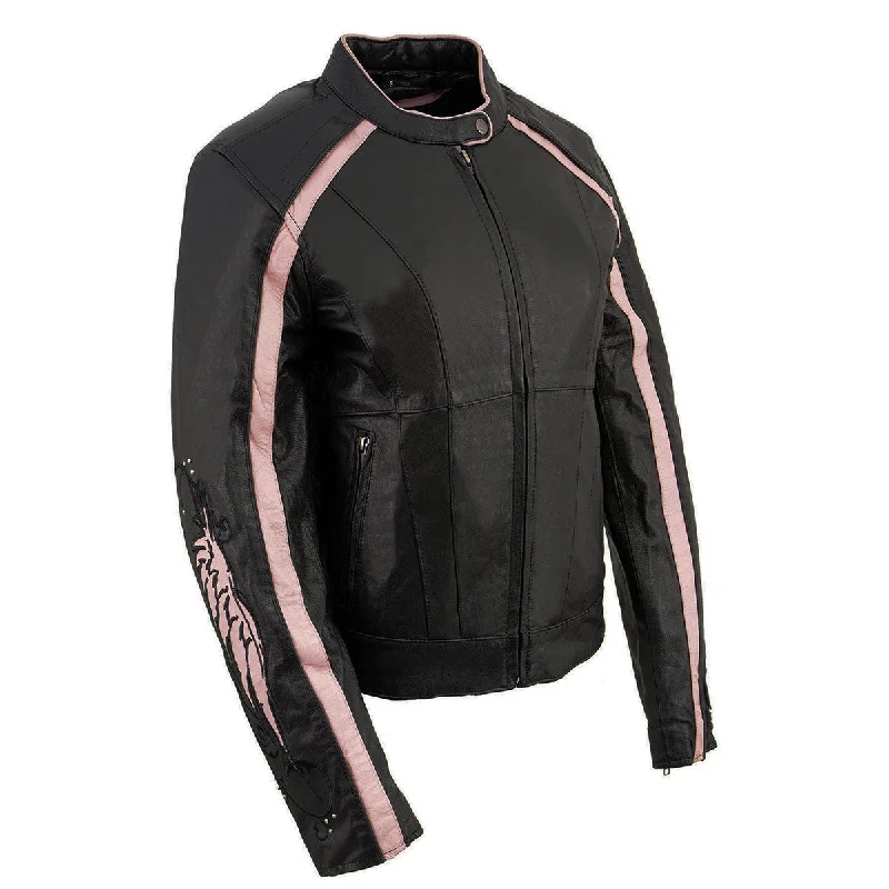 Simple Style Milwaukee Leather ML1952 Women's Black and Pink Embroidered and Stud Design Scooter Jacket Simple Style Milwaukee Leather ML1952 Women's Black and Pink Embroidered and Stud Design Scooter Jacket