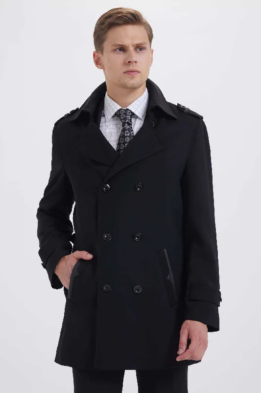 Comfy Chic Slim Fit Double Breasted Wool Black Long Coat