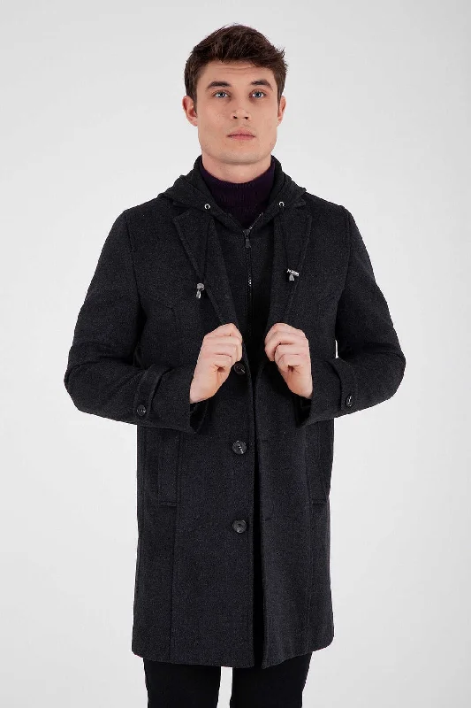 Short Design Slim Fit Notch Lapel Dark Gray Wool Overcoat