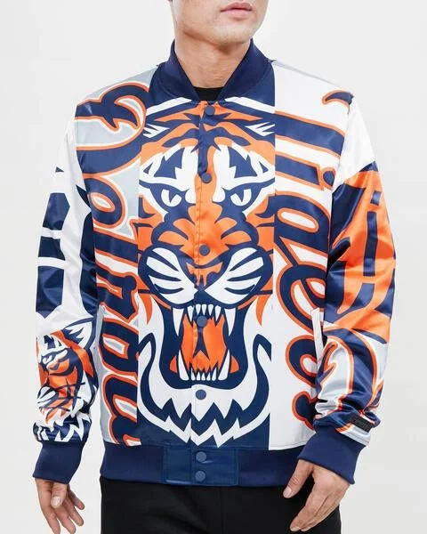 Low-key Luxury MLB DETROIT TIGERS MASHUP MEN'S SATIN JACKET (MIDNIGHT NAVY)