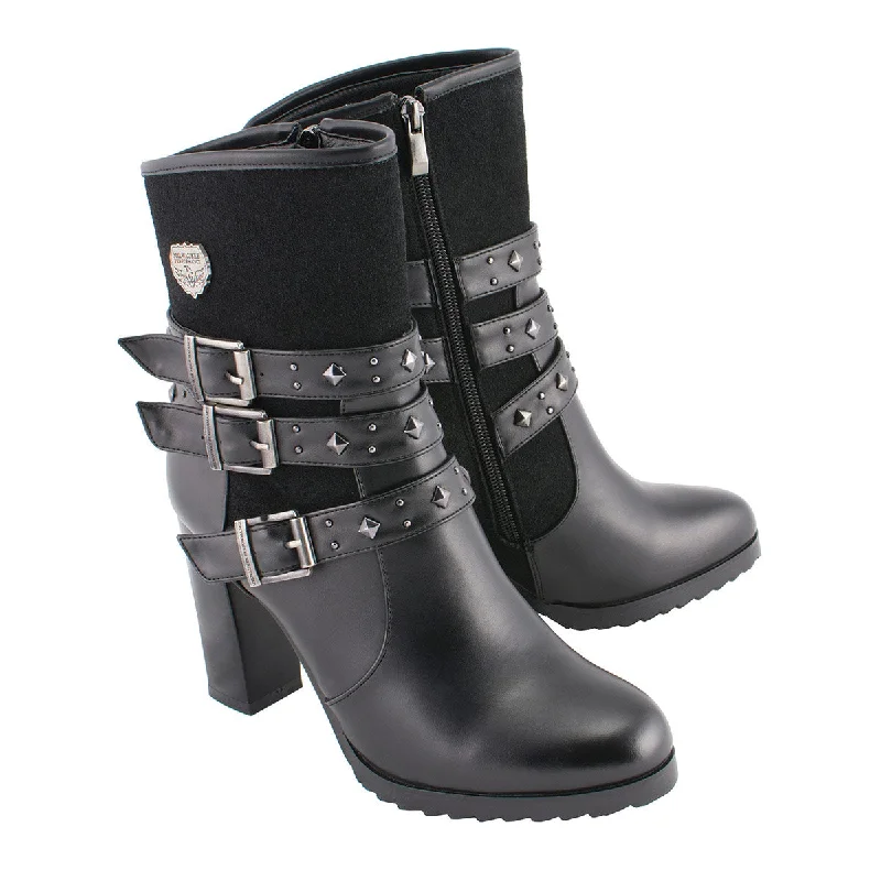 Loose Fit Milwaukee Leather MBL9433 Women's Black Triple Buckle Strap Fashion Riding Boots with Block Heel