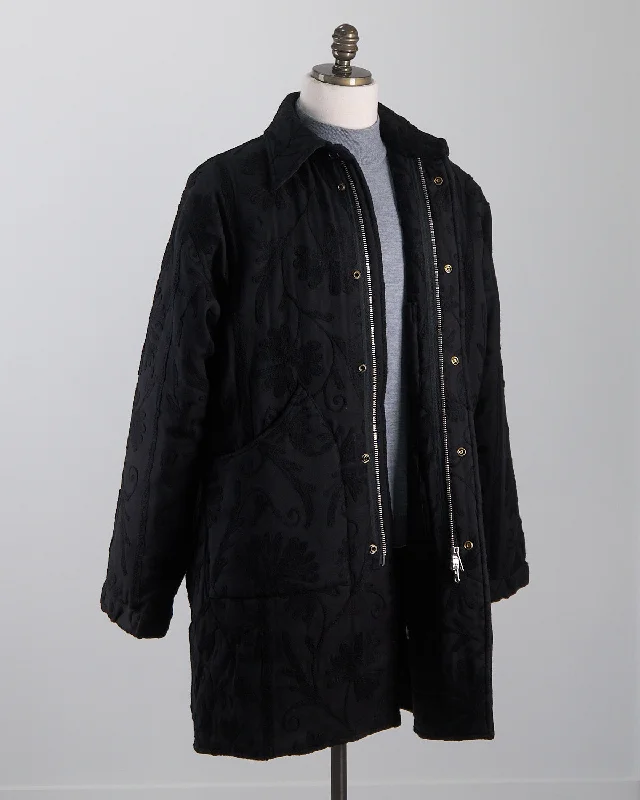 Classic Retro Quilted & Embroidered Khadi Cotton Long Coat