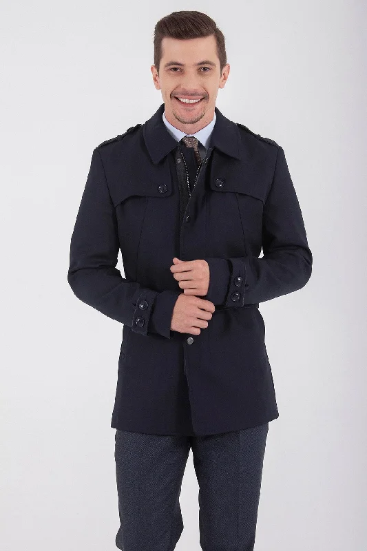 Simple Elegance Slim Fit Flat Collar Vilnius Wool Light Brown Trenchcoat, Navy