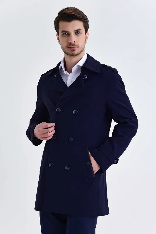 Classic Color Slim Fit Notch Lapel Versus Wool Navy Long Coat, Navy