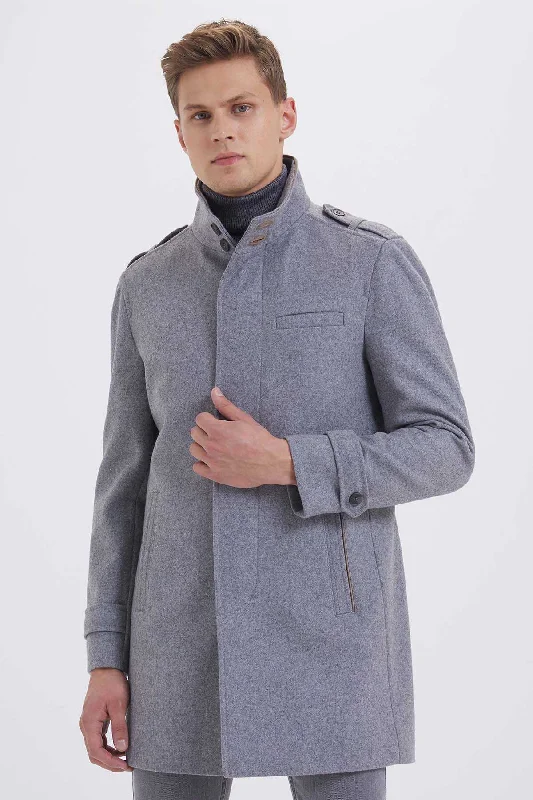 Classic Slim Fit Stand Collar Wool Cappuccino Overcoat, Gray