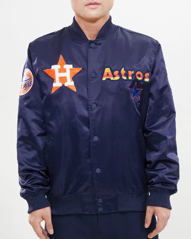 Effortless Outfits MLB HOUSTON ASTROS CHEST HIT MEN'SLOGO SATIN JACKET (MIDNIGHT NAVY)