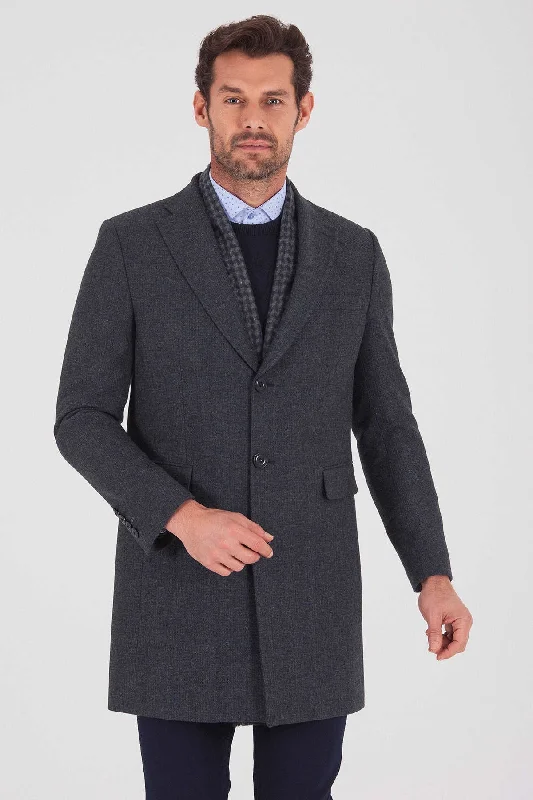 Elegant Dressing Regular Fit Cachet Fatih Notch Lapel Wool Blend Gray Overcoat, Navy K.