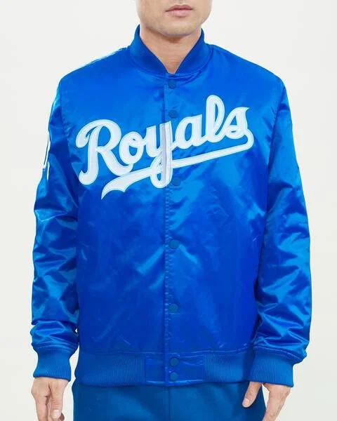 Stylish Ease MLB KANSAS CITY ROYALS WORDMARK MEN'S SATIN JACKET (ROYAL BLUE)
