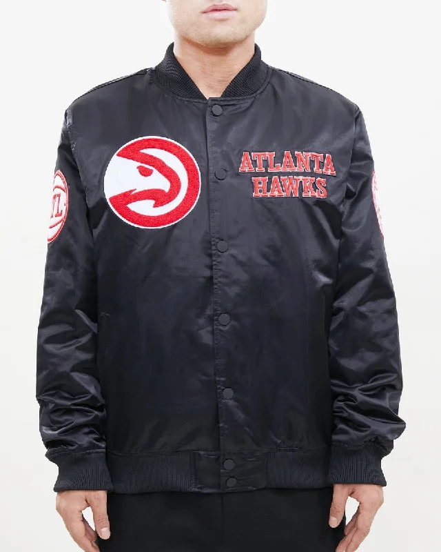 Easygoing Fashion NBA ATLANTA HAWKS CHEST HIT MEN'S LOGO SATIN JACKET (BLACK)