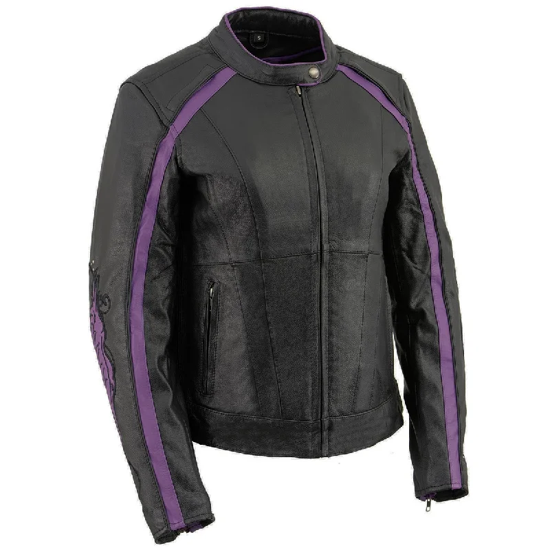 Soft Fashion Milwaukee Leather X1952 Women's Black and Purple Embroidered and Stud Design Jacket Soft Fashion Milwaukee Leather X1952 Women's Black and Purple Embroidered and Stud Design Jacket