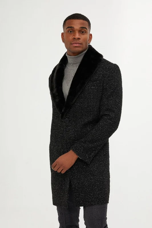 Cozy Outfit Slim Fit Cachet Shawl Collar Black Wool Blend Overcoat