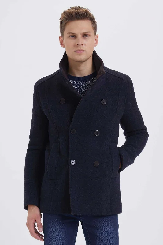 Casual And Casual Slim Fit Double Breasted Vegas Wool Indigo-Gray Overcoat, Navy - Brown