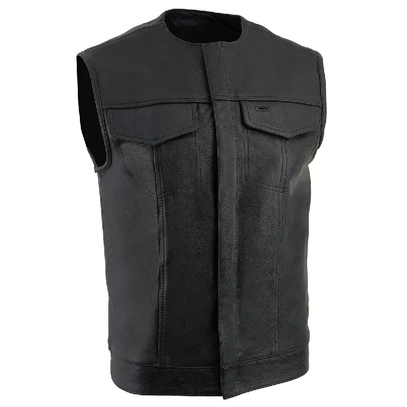 Cozy Chic Trends Milwaukee Leather LKM3721 Men's Black Leather Collarless Club Style Motorcycle Rider Vest w/Concealed Snap Closure Cozy Chic Trends Milwaukee Leather LKM3721 Men's Black Leather Collarless Club Style Motorcycle Rider Vest w/Concealed Snap Closure