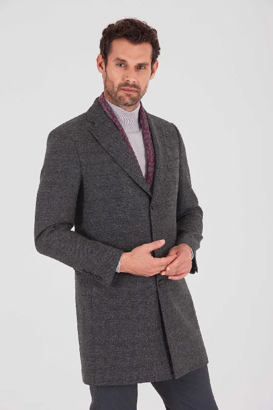 Simple Looks Regular Fit Cachet Notch Lapel Wool Blend Gray Overcoat