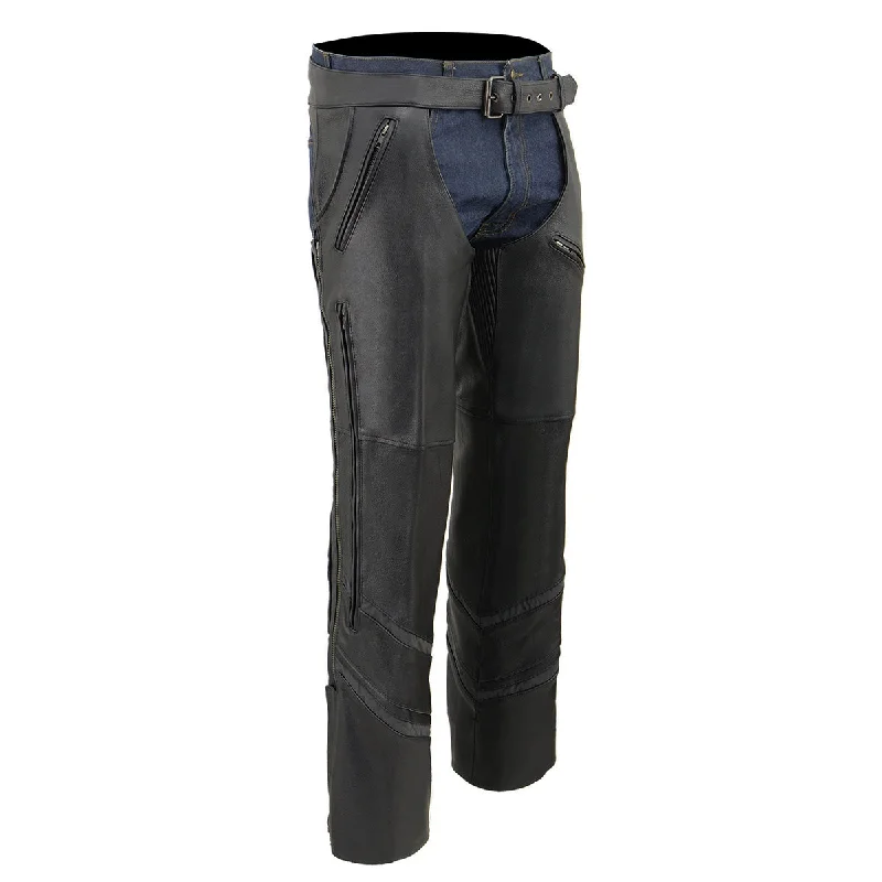 Sports Design Milwaukee Leather ML1144 Men's Black Premium Leather Vented Motorcycle Rider Chaps w/ Reflective Piping
