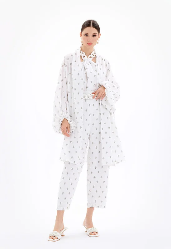 Soft Fabric Looks Open Front Printed Cardigan With Chunky Belt - Ramadan Style
