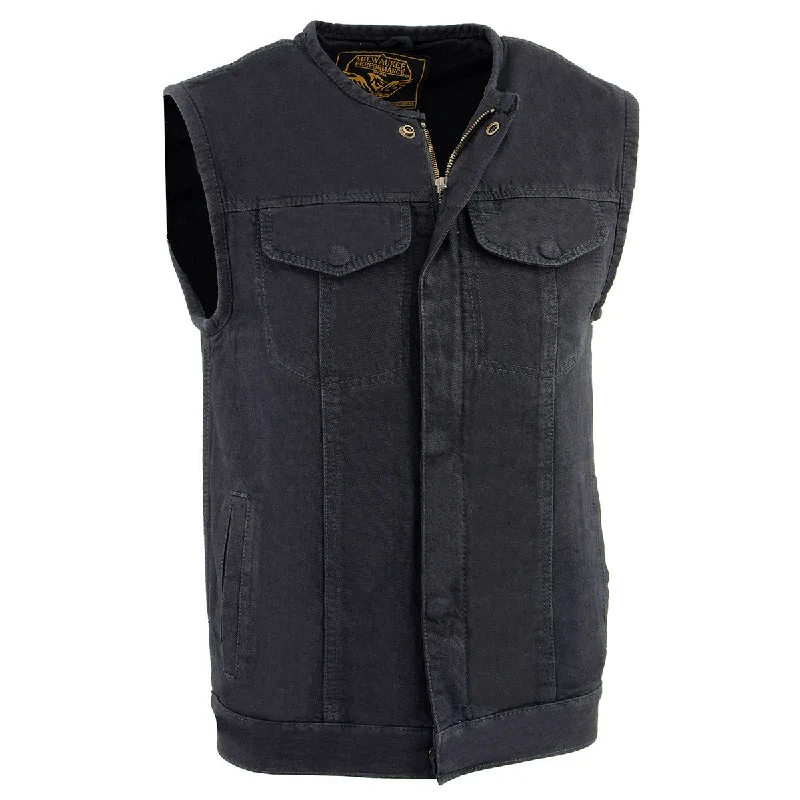 Smart Comfort Wear Milwaukee Leather MDM3001 Men's 'Covert' Black Denim Collarless Club Style Motorcycle Biker Vest w/ Dual Closure Smart Comfort Wear Milwaukee Leather MDM3001 Men's 'Covert' Black Denim Collarless Club Style Motorcycle Biker Vest w/ Dual Closure