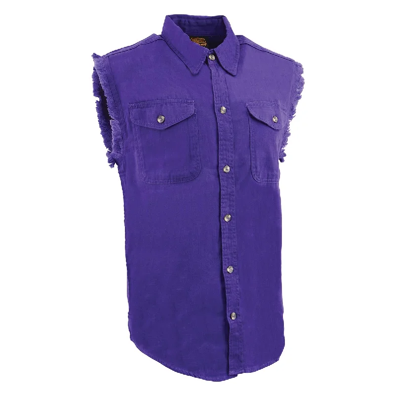 Trendy Wear Milwaukee Leather DM1006 Men's Purple Lightweight Denim Shirt with with Frayed Cut Off Sleeveless Look Trendy Wear Milwaukee Leather DM1006 Men's Purple Lightweight Denim Shirt with with Frayed Cut Off Sleeveless Look