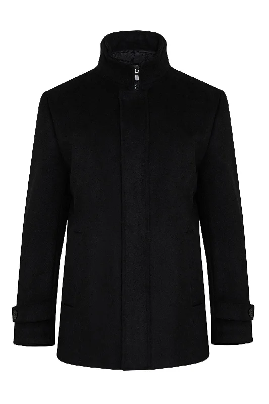 Comfortable Chic Regular Fit Cachet Stand Collar Wool Blend Black Overcoat